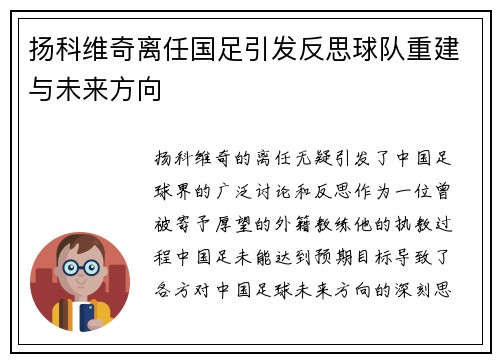 扬科维奇离任国足引发反思球队重建与未来方向